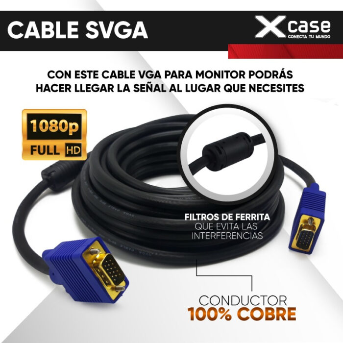 CABLE DE VIDEO VGA XCASE MACHO-MACHO, 10MTS