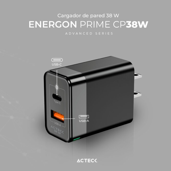 Cargador de Pared Acteck Energon Prime CP38W Advanced, Carga rapida, 1xUSB-C, 1xUSB-A, Negro