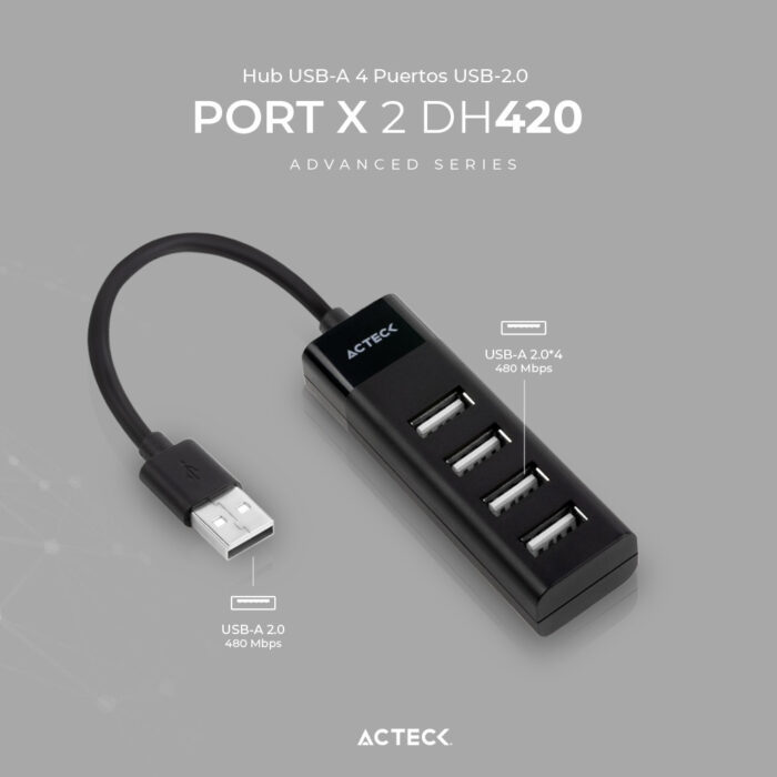 Hub Acteck DH420, 4 Puertos Usb 2.0, 480 mbps, cable 30 cm, AC934671