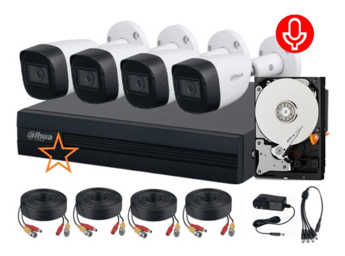 Kit de Vigilancia Dahua 4 Camaras Bala Metalicas 1080P, Microfono, DVR, Incluye 4x Cables para Instalacion, (KITXVR1B04)