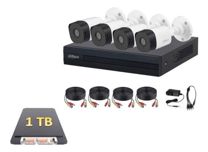 Kit de Vigilancia Dahua, 4 Canales, 1x canal IP, 4 Camaras tipo Bala 1mp/720P Plasticas, lente 2.8mm, (DHKIT/XVR1B04-I/4-B1A11N-0360B)