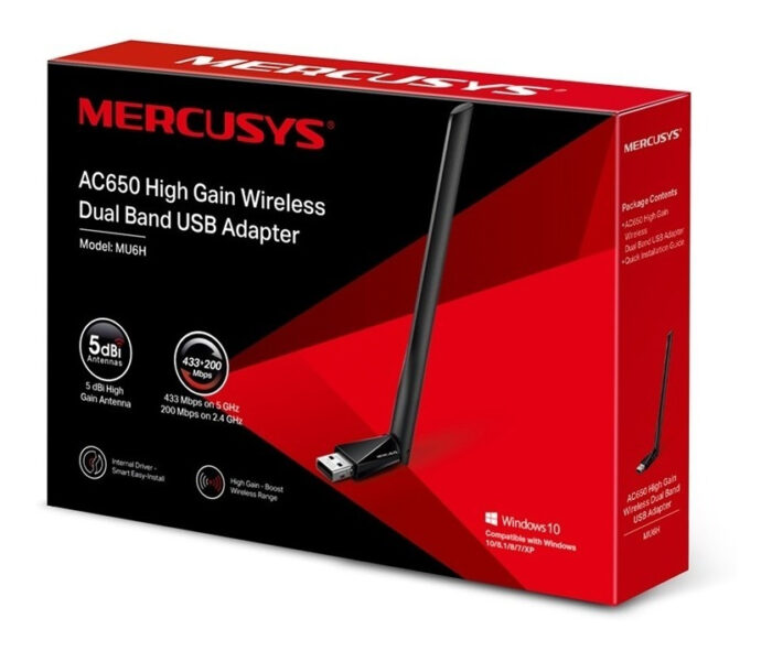 Adaptador De Red Inalambrico Mercusys Ac650 Doble Banda Usb, 5dbi, 433+200mbps 5ghz/2.4ghz, Negro