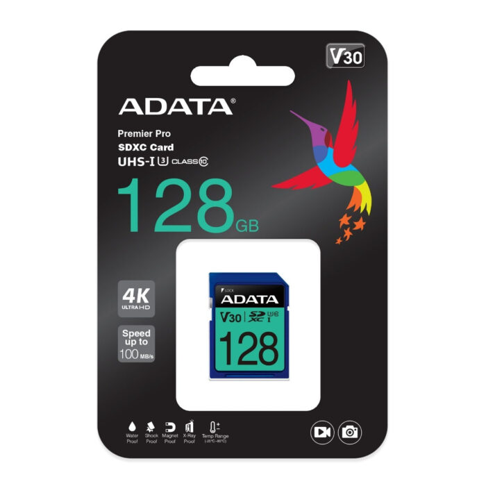 Memoria SDXC ADATA 128GB, CL10, V30, 4K UHD, 100 MB/PS, Negro/Azul, (ASDX128GUI3V30S-R)