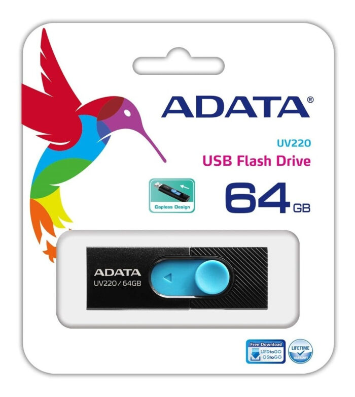 Memoria Usb Adata UV220, 64GB, Retractil, Color Negro/Azul, (AUV220-64G-RBKBL)